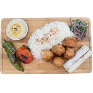 Chicken Breast Kabob Plate with rice and sides