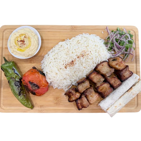 Pork Belly Ikibir Plate with rice, grilled tomato, jalapeño and sides